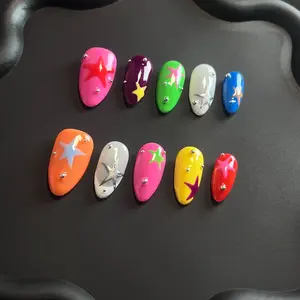 Custom Press on Nail/ Colorful Nails/ Y2K Nails/ Summer Style Nails/ Acrylic Nail Short Almond / Reusable Nail/ Party Nail/ Birthday Nails