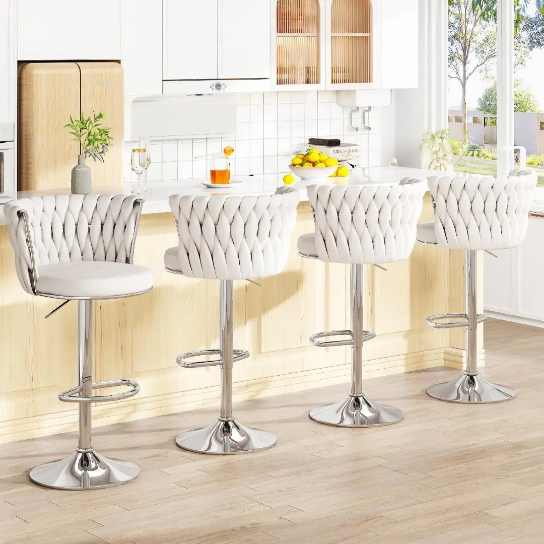 AWQM Set of 4 Velvet Swivel Bar Stools, Adjustable Height Modern Kitchen Island Chairs, Beige, Black, Grey Upholstered Bar Chairs