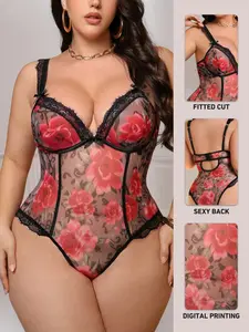Plus Size Sexy Floral Print Shaping Waist Bodysuit with Underwire Design, Comfortable and Fitted Fit and Trendy Silhouette, Perfect for Parties and Everyday Wear, Must-Have for Valentine's Gift, Underwire Lace Teddy