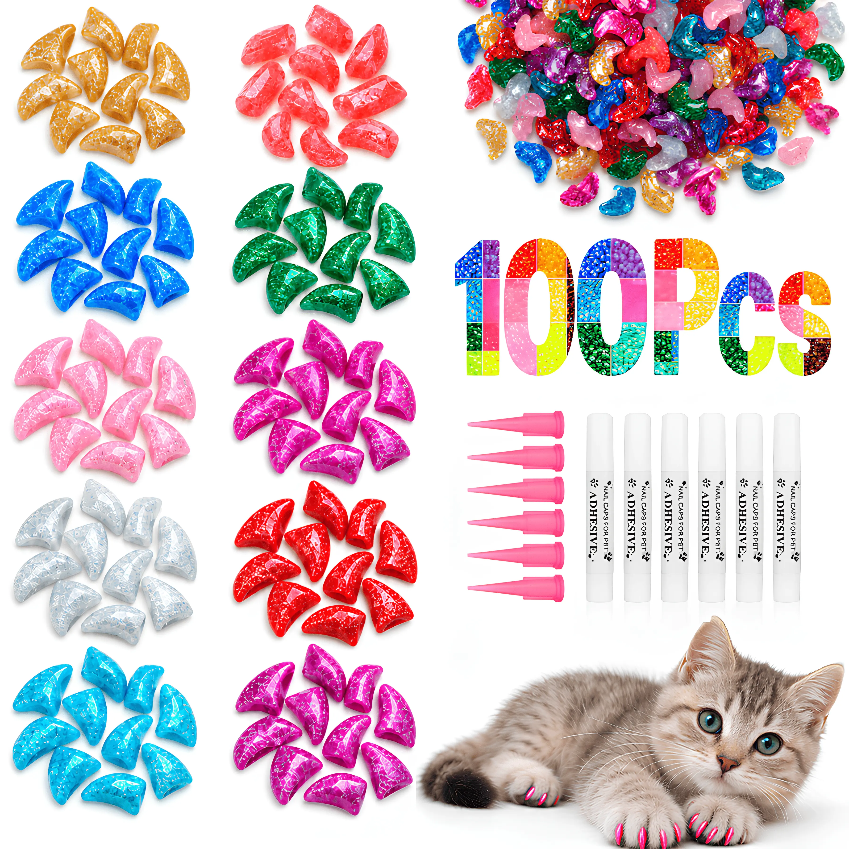 100Pcs 10-Colors Sparkling Soft Cat Nail Caps Cat Claw Covers with Adhesive Glue and Applicators Non Toxic Anti Scratch Nail Covers for Cats Furniture Scratch Protection S/M Sizes
