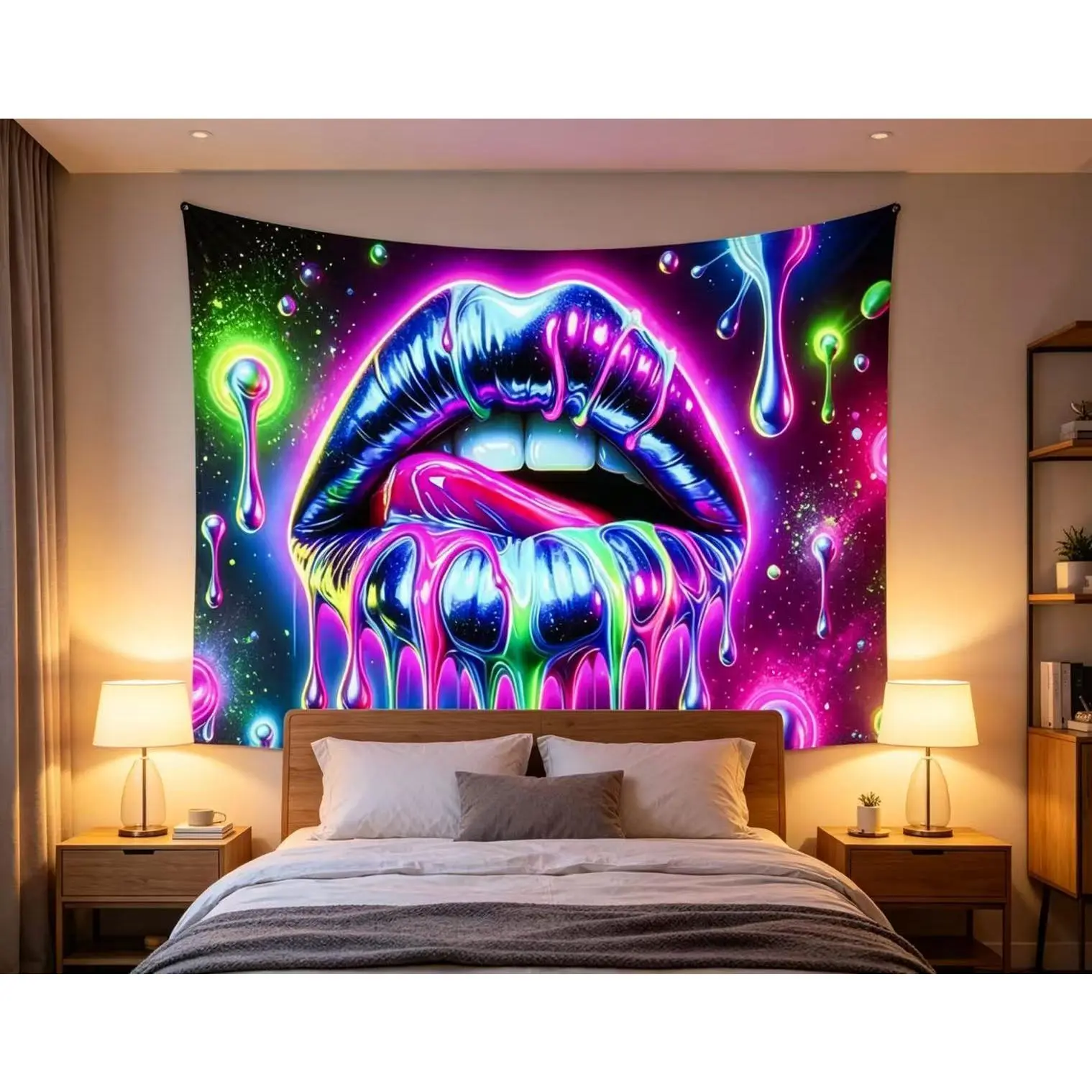 Luminous polyester neon passion, UV reactive sexy lip tapestry - simple wall decoration suitable for bedroom, game room, and living room parties