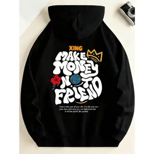 Hoodie Black Make Money Not Friend Graphic Print with Crown and Rose Design for Casual Streetwear and Everyday Wear