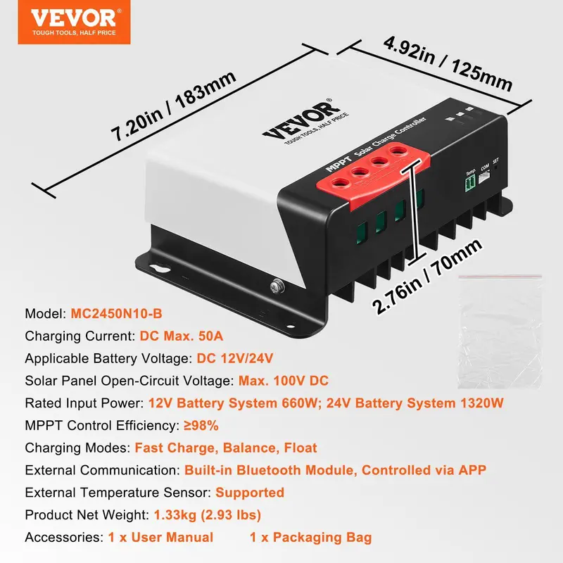 【Fallpicks】VEVOR 50A MPPT Solar Charge Controller, 12V / 24V Auto DC Input, Solar Panel Regulator Charger with Bluetooth Module, 98% Charging Efficiency for Sealed(AGM), Gel, Flooded and Lithium Battery Charging 【Fallpicks】VEVOR 50A MPPT Solar Charge Controller, 12V / 24V Auto DC Input, Solar Panel Regulator Charger with Bluetooth Module, 98% Charging Efficiency for Sealed(AGM), Gel, Flooded and Lithium Battery Charging