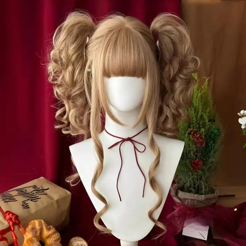 Female Synthetic Fiber Curly Hair Full Wig - Vintage-Style Twin Ponytails, Clip-On Design, Suitable for Christmas Caroling & Festive Occasions