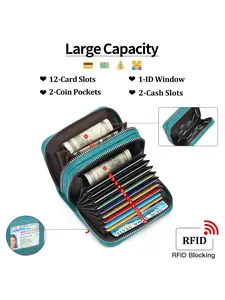 RFID Blocking Card Holder Wallet - 12 Card Slots Accordion Style Zipper Wallet with Coin Pockets & ID Window, Large Capacity Card Case