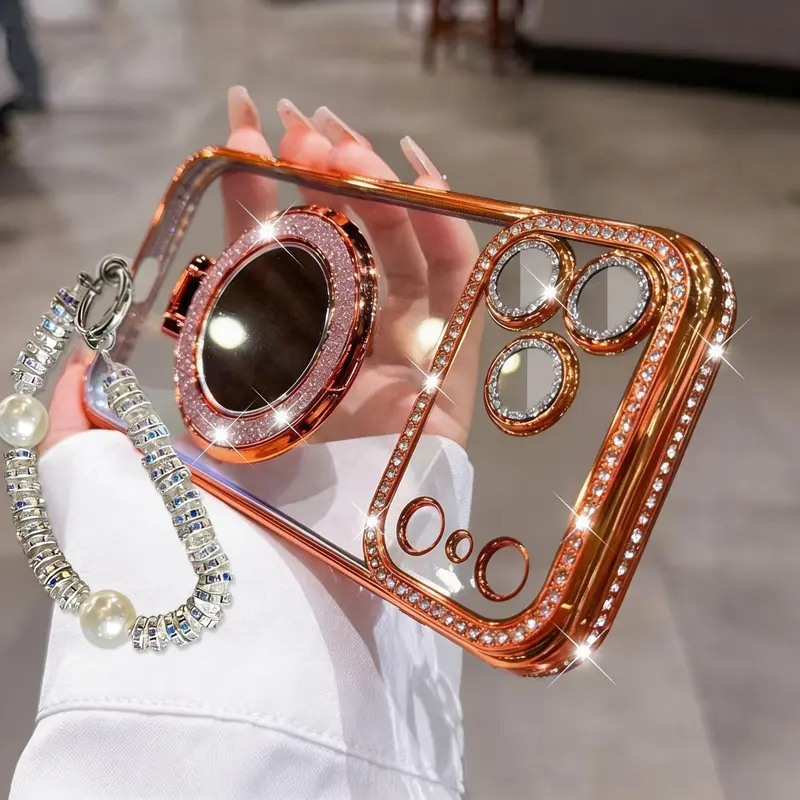 Women's Sparkling Diamond Rhinestone Smartphone Case with Mirror & Stand, Handheld Cellphone Protection for iPhone 17,16,15,14,13 Pro Max Devices, Casing