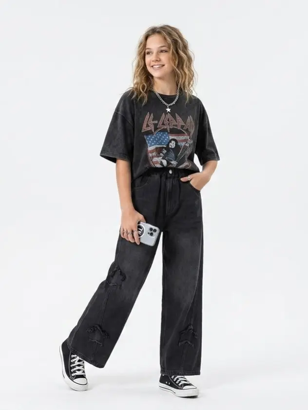 Girls’ star patchwork jeans for kids/teenagers, suitable for ages 13–16, Y2K punk style, high-waisted loose denim long pants Girls' Cowboy Wide Leg