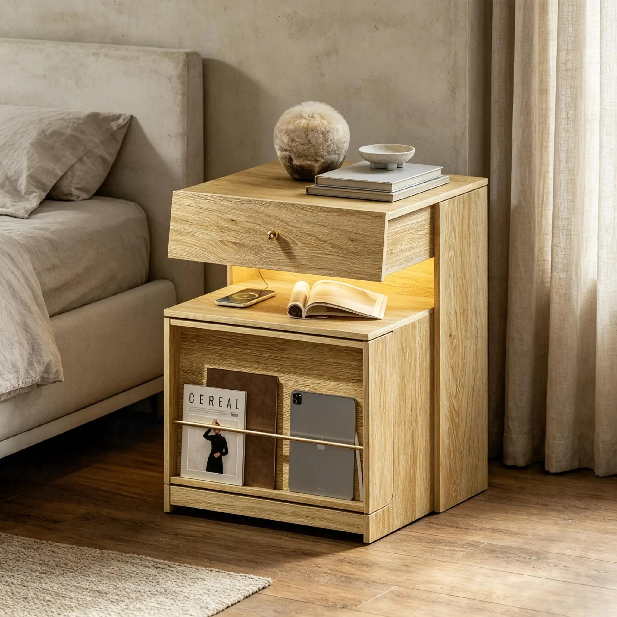 LED Nightstand with Charging Station, Adjustable LED Lights, Hidden Drawer, Cabinet & Magazine Rack, Multifunctional Wood Bedside End Table for Small Bedroom, Apartment & Living Room
