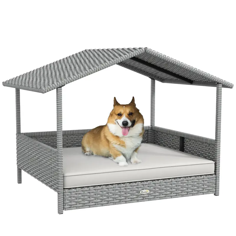 (High end and high-quality) Wicker Dog House Outdoor with Canopy, Rattan Dog Bed with Water-resistant Cushion, for Small and Medium Dogs, Cream White