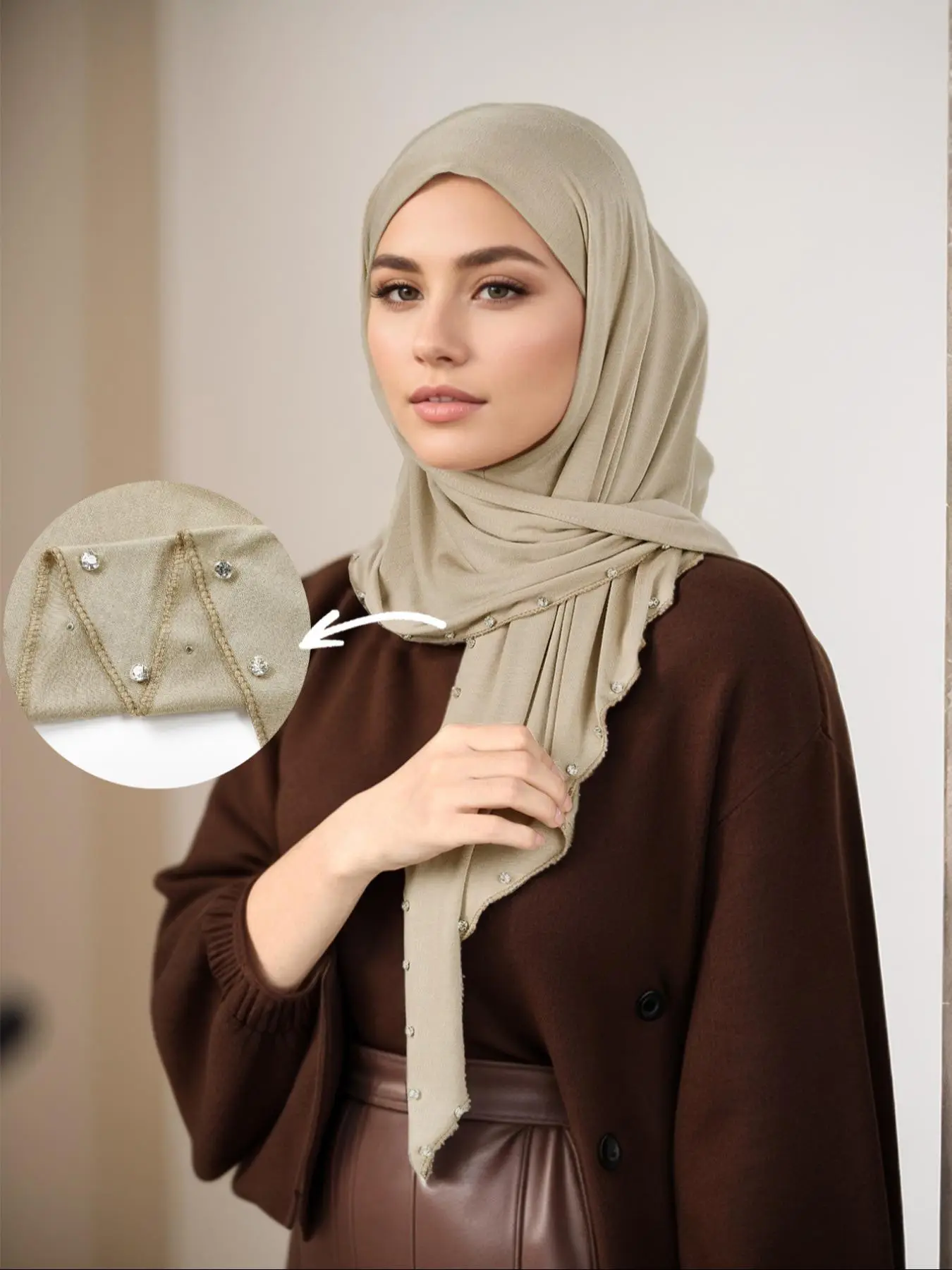 Women's Solid Color Rhinestone Decor Instant Hijab, Modest Casual Breathable Hijab for Daily Wear, Fashion Muslim Clothing for Women