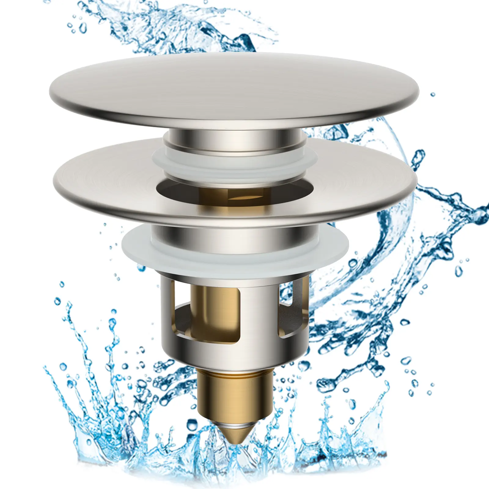 Hibbent All-Metal Bathroom Sink Stopper - Stainless Brushed Nickel Bathroom Accessories, Brass Bullet Core Push-Type Drain Strainer, Big Push Button, Anti-Clogging Filter, 1.1''~2.3'' Basin Fit, Resistance to Clogs, Easy Installation