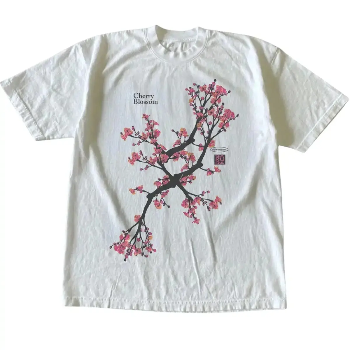 Women's Sakura Cherry Print Vintage Cotton Round Neck Loose-Fit Foldable Summer Tshirt - Unisex Gothic Grunge 2000s Emo Streetwear Graphic Top
