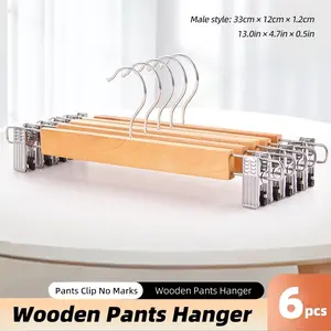 6 Solid Wood Wooden Pants Hangers – Natural Wood Style / Anti-slip, Mark-free & Strong Grip / Soft Rubber Clips / Universal (Fits Pants & Skirts) Hanging Clothes Organizer