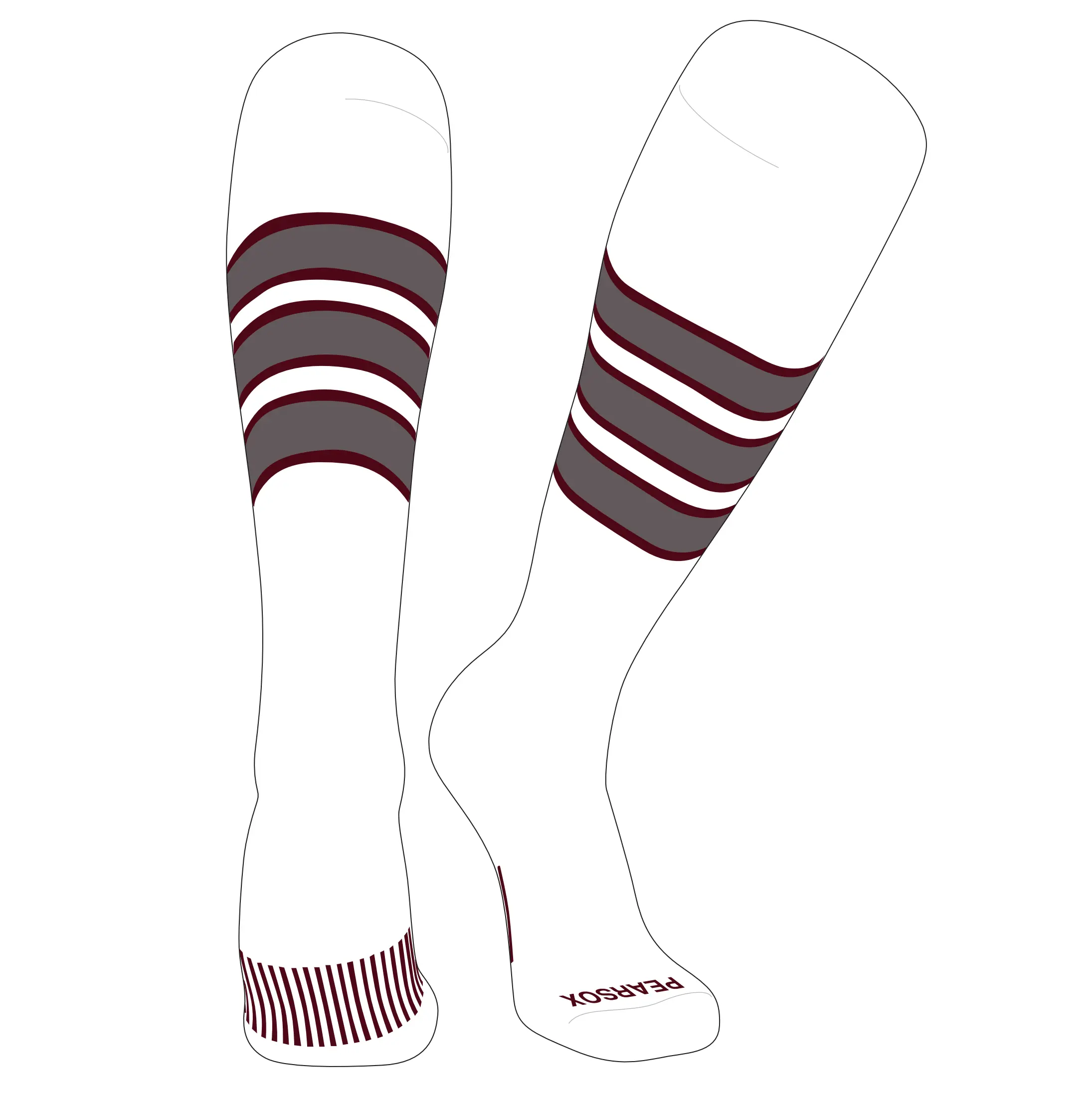 Pear Sox Striped Knee High Baseball, Football Socks (C) White, Maroon, Graphite