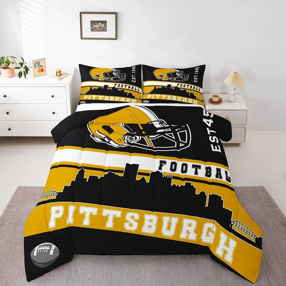 Feelyou Football Theme Comforter Set - Pittsburgh City Yellow Black Rugby Bedding, Soft Bedroom Bedding Set for Sports Fans, Sporty Decor Quilt, Soft Bedding Set