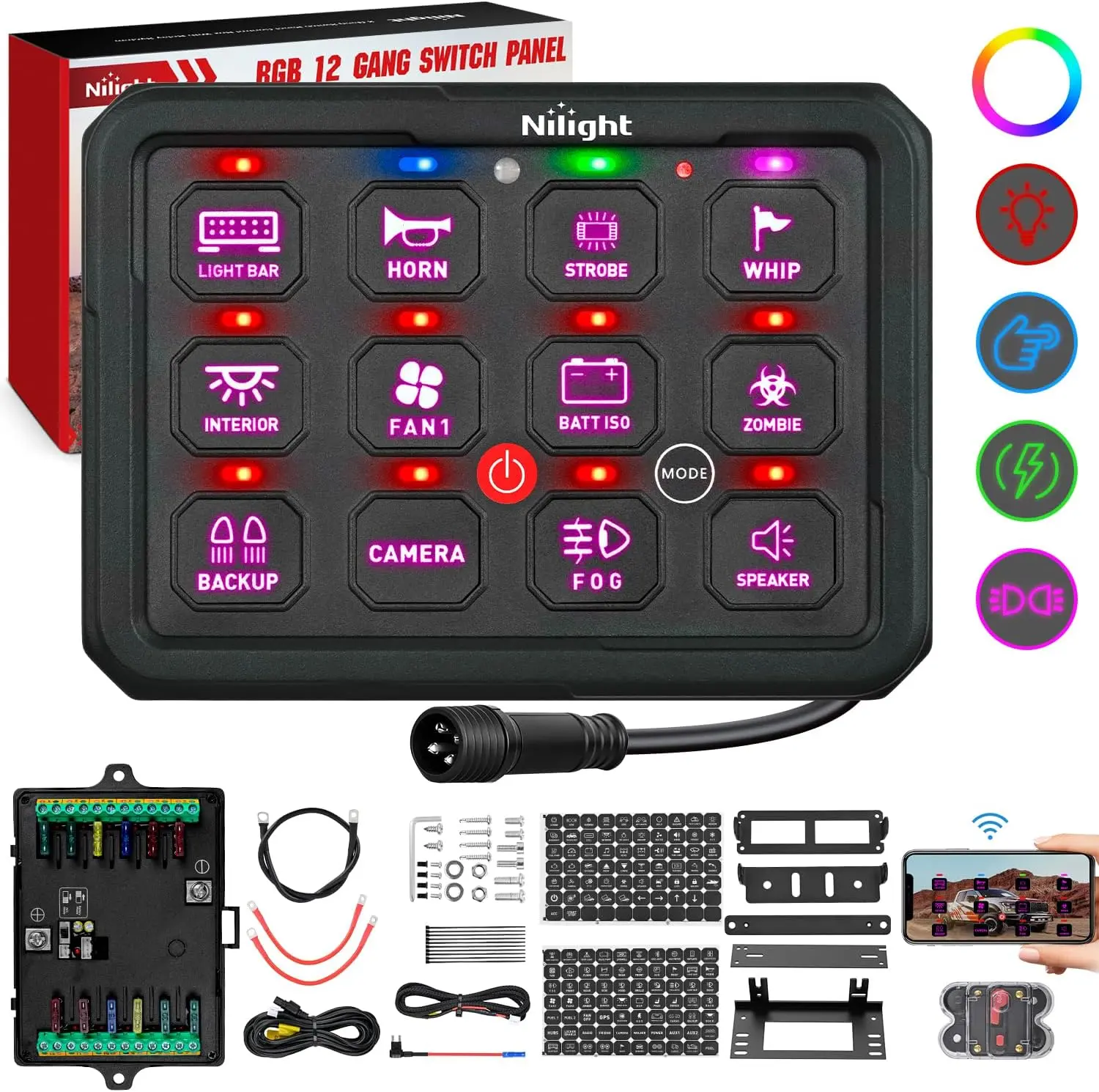 Nilight 12-Gang Compact Circuit Control Relay System with Circuit Box, APP RGB Backlight, Fuse, Extension Wiring Harness, Toggle/Momentary/Strobe Modes, Auto Dimming, Strobe Light Module for 12V-24V Cars, Trucks, Campers, SXS (Center Console Compatible),