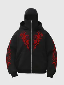 Men's Gothic Tribal Print Full Zip Hoodie, Barbour Cap, Loose Streetwear Jacket, Fleece Lined Warm for Daily Wear