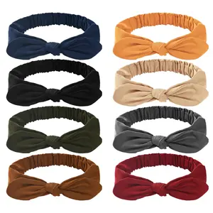 Bow Headbands for Women Solid Color Stretchy Knotted Turban Headbands Rabbit Ears Workout Running Sport Sweat Elastic Hair Wrap for Girls,Pack of 8