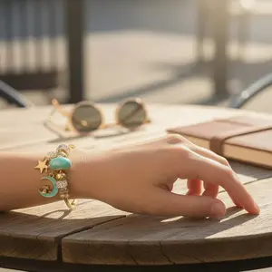 Gold Charm Bracelet with Moon & Star Pendant, Cute Cat Dangle Bangle, Adjustable Wire Bracelet for Women