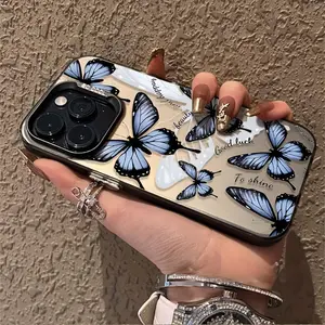 Elegant Blue and Black Butterfly Vitality Pattern Case for iPhone 16 15 14 Pro Max 13 12 11 XR XS Plus Shockproof Non Slip Military-Grade Protection slim Smartphone Cover