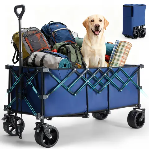 Sweetcrispy Adjustable Folding Double Decker 600D Tear-Resist Nylon Wagon Cart, 440 lbs Capacity, 320L Volume, Flexible Handle, 360° Swivel All-Terrain Big Wheels, Brakes, 9.45" x 16.17" Size, for Camping, Outdoor Activities