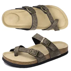 Women's Strappy Slip-On Slippers With Adjustable Buckle Cork Footbed Slides For Walking Beach Outdoor Sandals