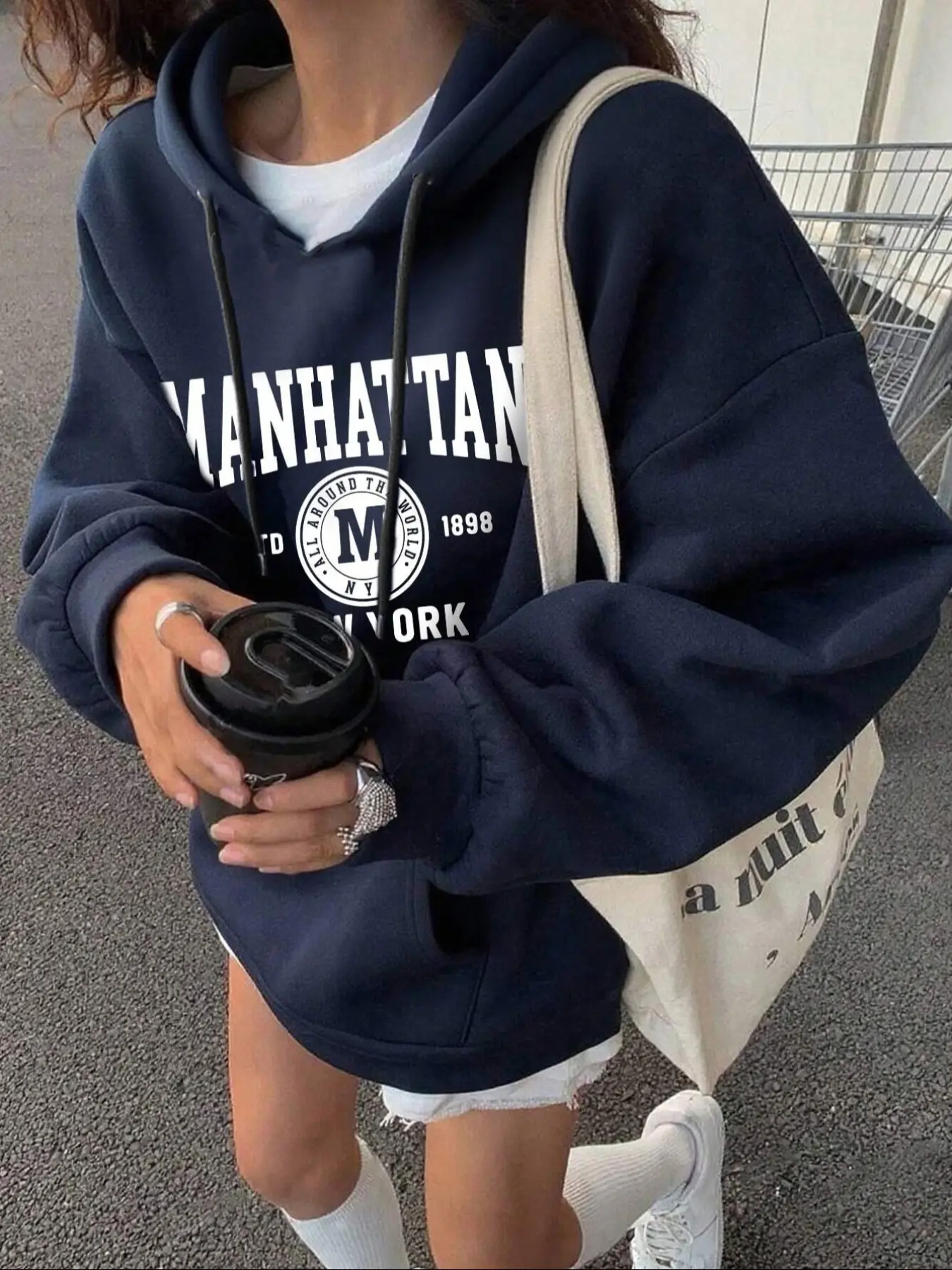 Women's casual hoodie, premium dark navy hoodie, Long Sleeves, casual and versatile, trendy and comfortable, letter pattern, Drawstring, loose and warm, simple casual style, urban perpetual motion, stylish daily home wear, Sweatshirts, Pullover