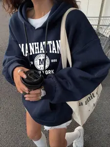 Women's casual hoodie, premium dark navy hoodie, Sweatshirts, casual and versatile, trendy and comfortable, letter pattern, Drawstring, loose and warm, Long Sleeves, simple casual style, urban perpetual motion, stylish daily home wear