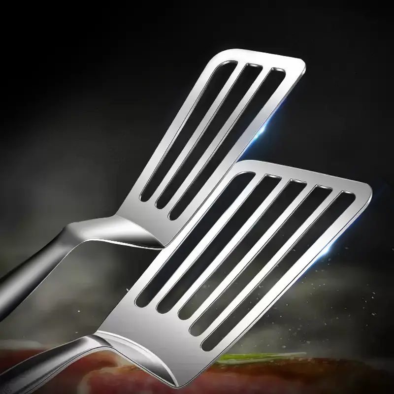 Premium 304 Stainless Steel Cooking Tongs & 1-Piece Slotted Fish Turner, Commercial Restaurant Kitchen Tool for Frying, Grilling