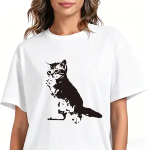Shortsleeve Tshirt with Kitten Motif Silhouette Print - Minimalist All-Seasons Cat Lover Casual Sports Top