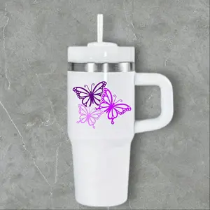 White 1 Piece 14 oz Tumbler with Butterfly Design and Straw, Ideal for Drinkware - Bottle
