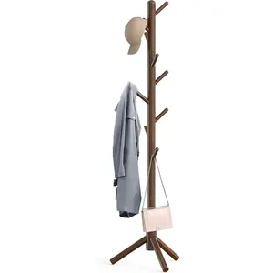 Wooden Adjustable Coat Rack Stand Garment Tree Rack with 9 Hooks, Walnut