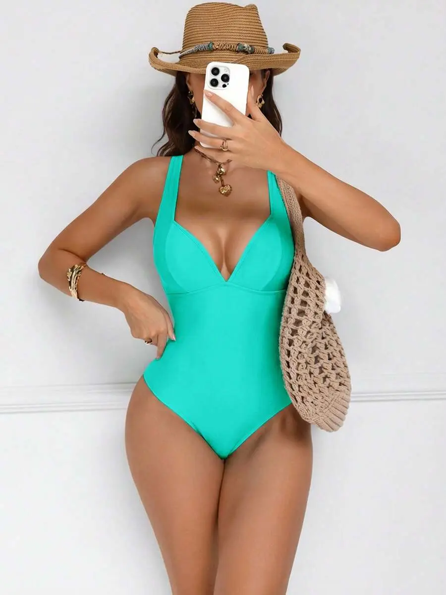 Women's Tummy Control One Piece Swimsuit, Push Up Lace-Up Back Bathing Suit, Slimming High Stretch Monokini for Beach, Pool & Vacation