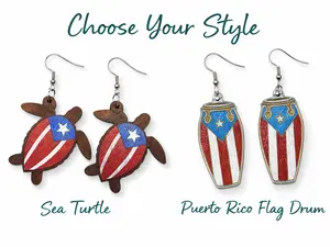 Puerto Rico Flag Wooden Earrings Sea Turtle Carey or Bomba Drum Handmade Boricua Jewelry Lightweight Puerto Rican Cultural Earrings