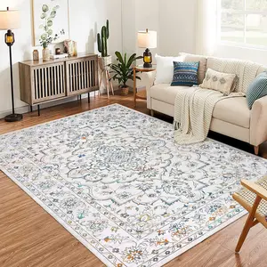 【GARVEE】Machine Washable 9x12 Area Rug for Living Room, 9x12 Ultra-Thin Large Floral Print Rugs for Dining Room Home Office, Stain Resistant Non Slip Backing Carpet, Multicolor