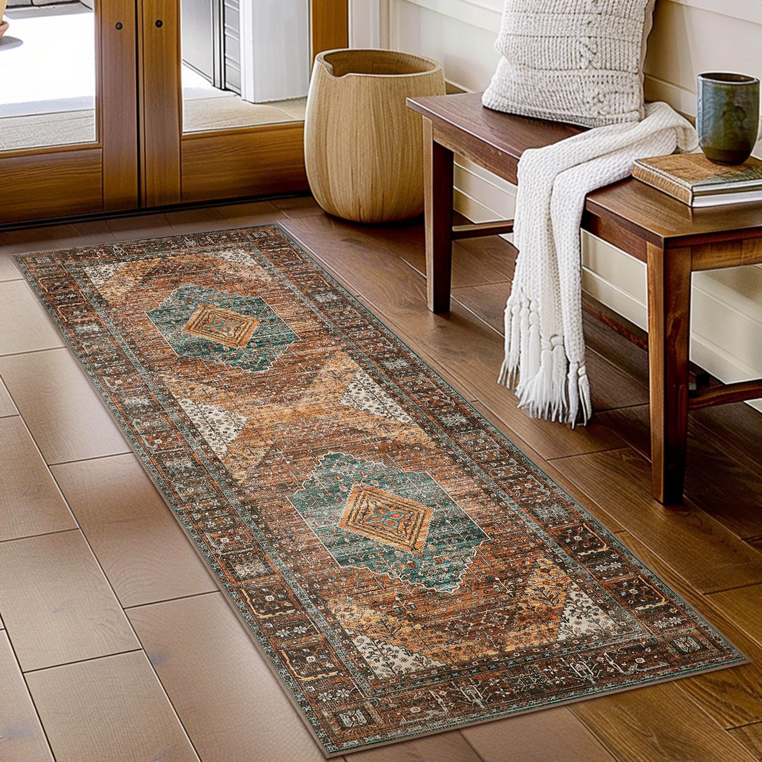 GENIMO Runner Rug Machine Washable Non Slip Vintage Hallway small rug,Motherhood Low Pile Lightweight Rugs for Indoor En