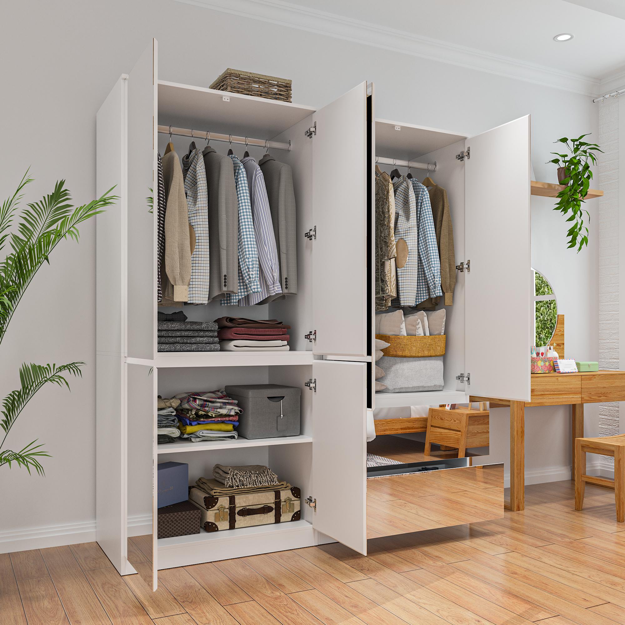 FUFU&GAGA 3 Types Mirror Wardrobe Armoire with Drawers, Full Length Glass Mirrors, 2 Smooth Sliding Drawers & Hanging Rod for Bedroom Storage