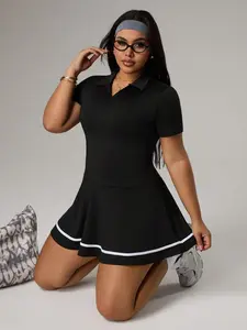 SLYNVIA Plus Size Womens Contrast Color Short Sleeve Sports Tennis Dress Athletic