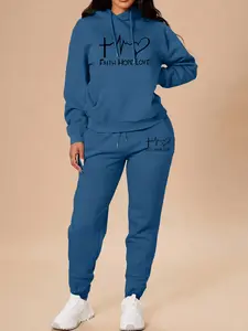 Women's Long Sleeve Hoodie Set with Heart Graphic Print, Casual Fitted Sweatshirt and Pants, Spring & Fall Fashion