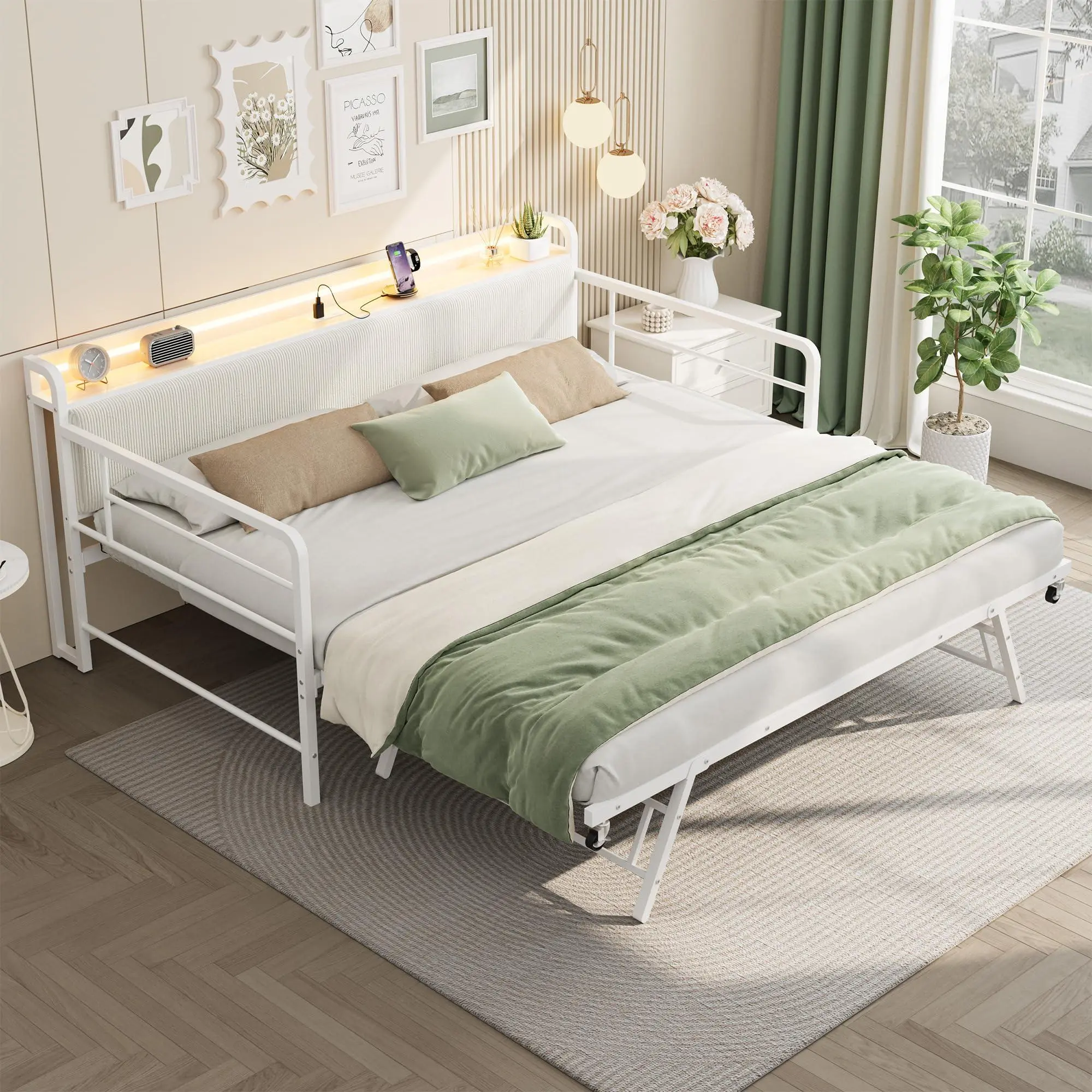 White Twin Daybed with Pop-Up Trundle, LED Lights, Charging Station, Heavy-Duty Metal Frame, Corduroy Upholstered Storage Headboard for Living Room, Bedroom