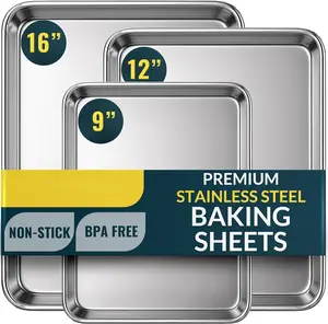 Bakers  Stainless Steel Cookie Sheet Pan, Stainless Steel Baking Sheet Set of 3, Mirror Finish, Non-Stick, Rust Resistant, , Dishwasher Safe, 9/12/16 Inch