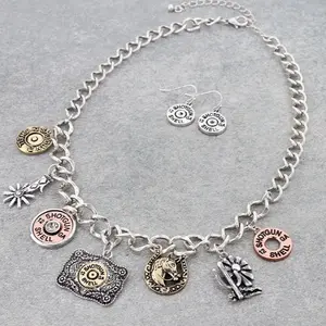 Western Shell Charm Statement Necklace Set in Silver & Bronze Colors with Unique Charms Including Shells and Horse Motif Jewelry Set