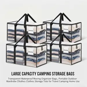 Large Capacity Camping Storage Bags, Transparent Waterproof Moving Organizer Bags, Portable Outdoor Wardrobe Clothes Storage Tote for Travel Camping Home Use