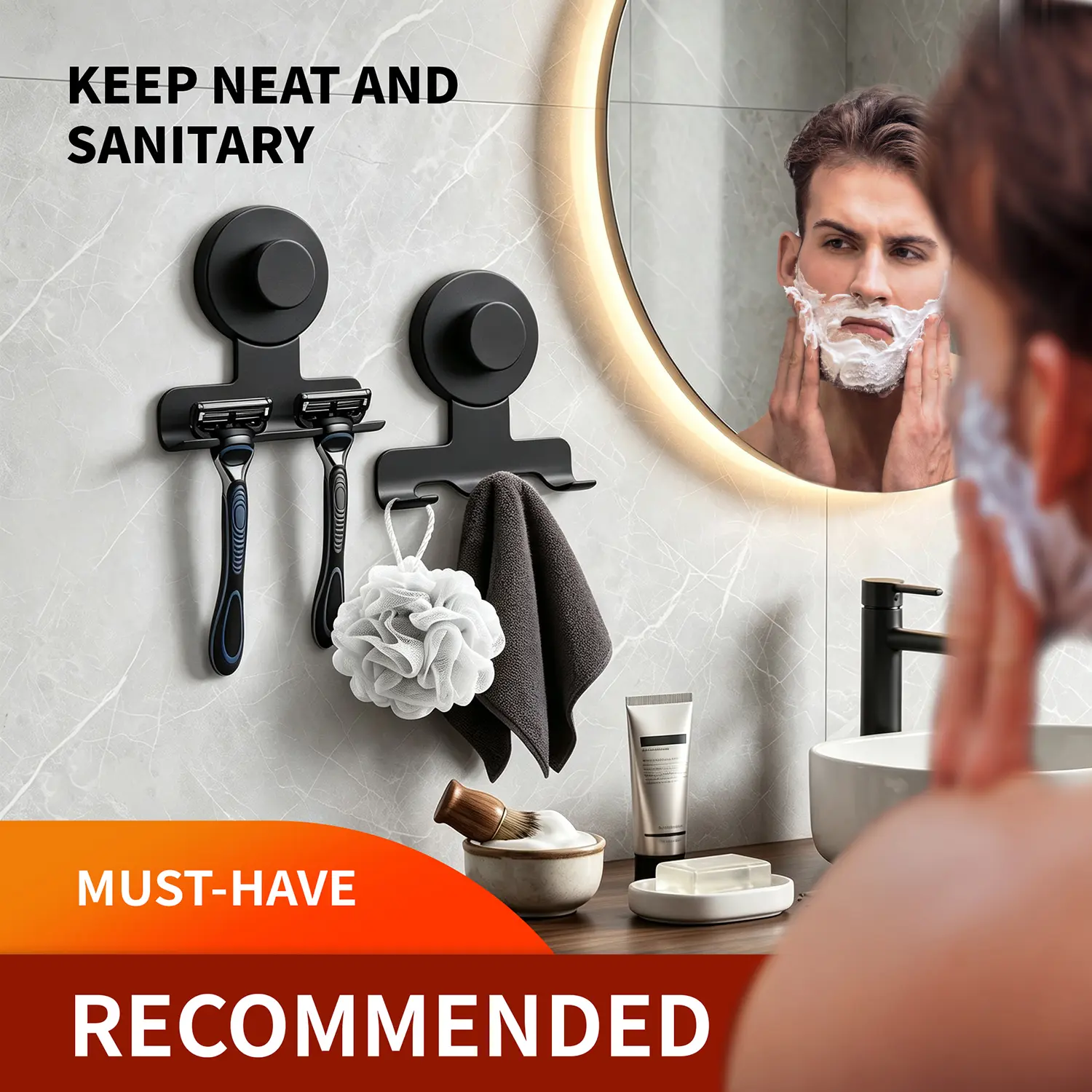 2026 New Suction Cup Razor Holder for Shower, Heavy-Duty 15lb Suction Hooks for Razor, Towel,Loofah, Removable Damage-Free Metal Shower Hook, Shaver Holder