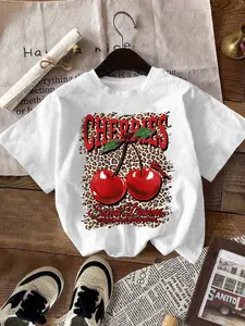 Women's Leopard Print Cherry Print Letter Print Regular Fit Fitted Round Neck Short Sleeve Knit T-Shirt, All-Seasons Basic Casual Wear Top for Everyday Women's Outfits