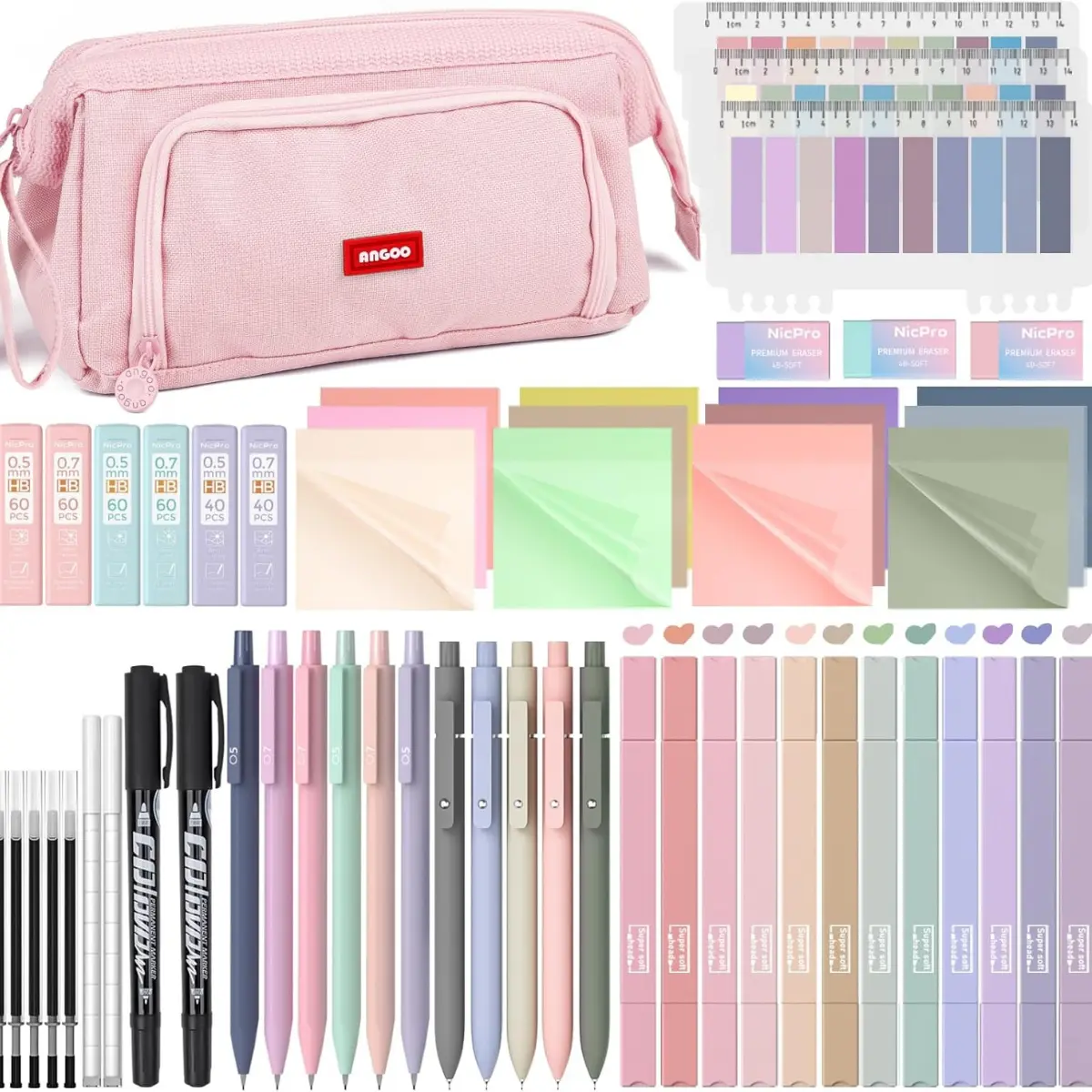 57 PCS Aesthetic Book Annotation Kit with Pen Case, 12 Dual Highlighters, 5 Gel Pens, 6 Mechanical Pencils, 2 Markers, 1200 PCS Transparent Sticky Notes & Tabs for Bible Study, Student Office Stationery