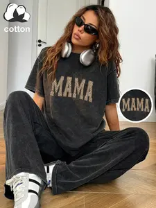 Cotton, leopard-print "MAMA" Thanksgiving lettering, women's vintage distressed short-sleeved T-shirt and trousers two-piece set, casual round-neck Fitted T-shirt and elastic trousers, summer everyday wear, suit, Outfit