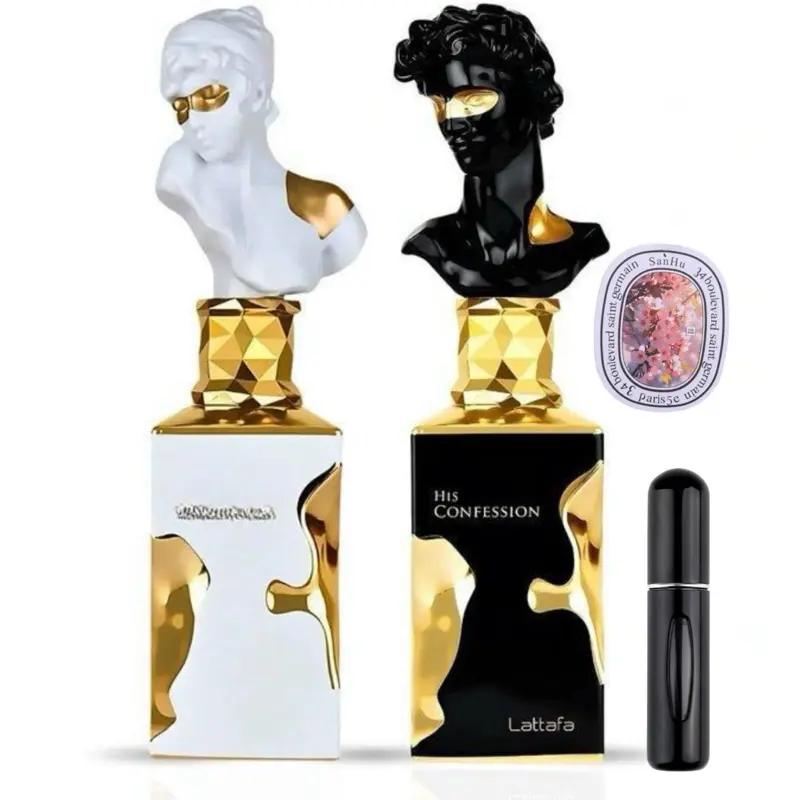 Lattafa Confession His & Her EDP Bundle, Long-Lasting Spicy Floral Unisex Fragrance Set - Includes 2x 100ml, 5ml Refill & Scented Card, Bundle Unisex Fragrance, Cinnamon Unisex Fragrance