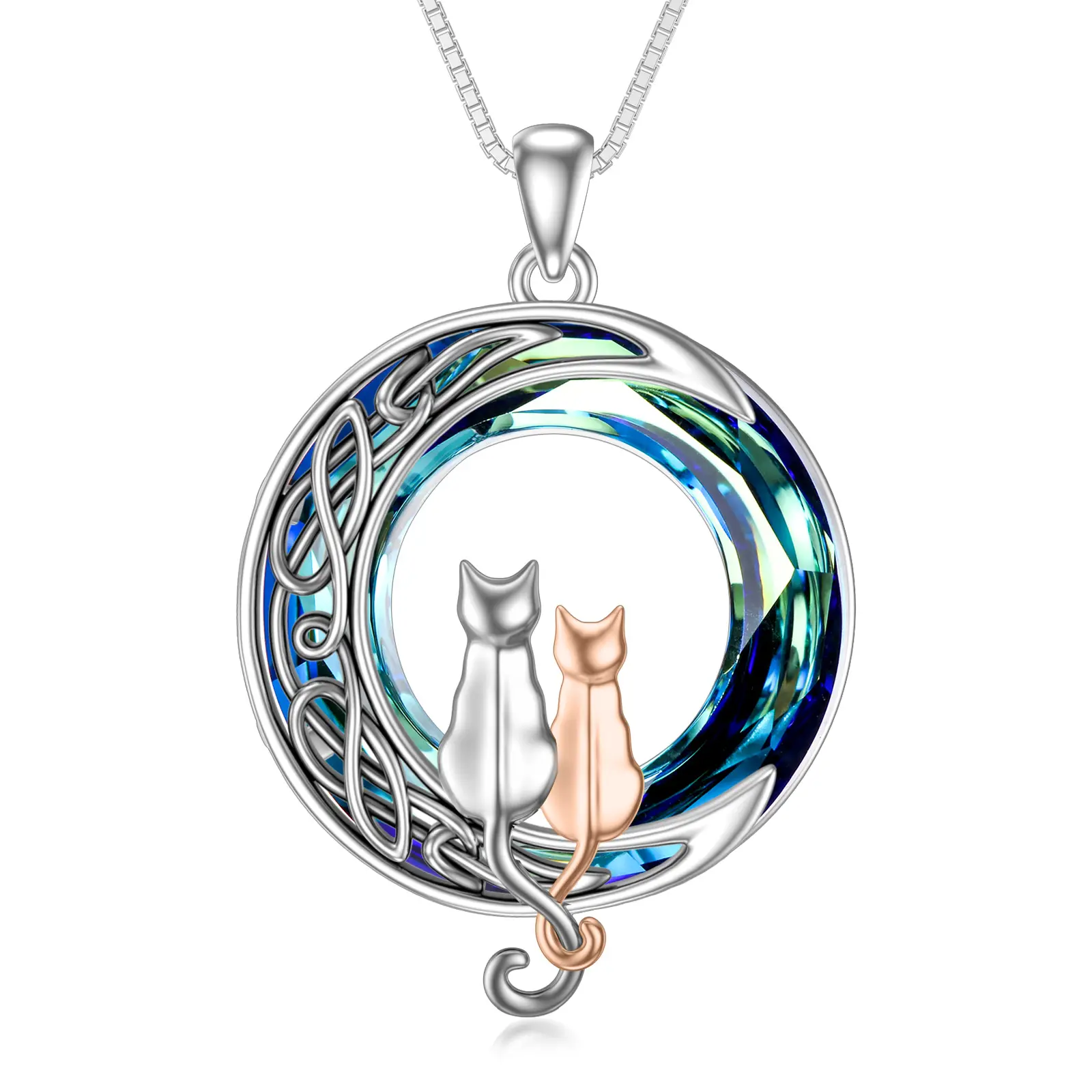 2 Cats(Silver and Rose Gold)-Blue Crystal-02-A