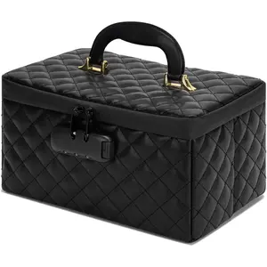 Portable makeup box with Lock, Large Capacity Travel Makeup Case Organizer, Makeup Bags for Girls Traveling With Handle and Divider Makeup Bag (Black)